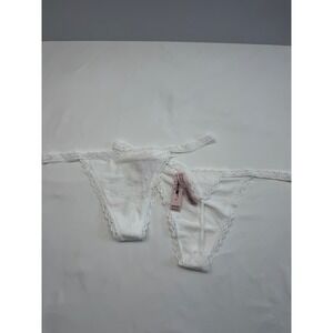Victoria's Secret 2 Pack White Cotton Lace Trim V-String Thong Panties Large NWT